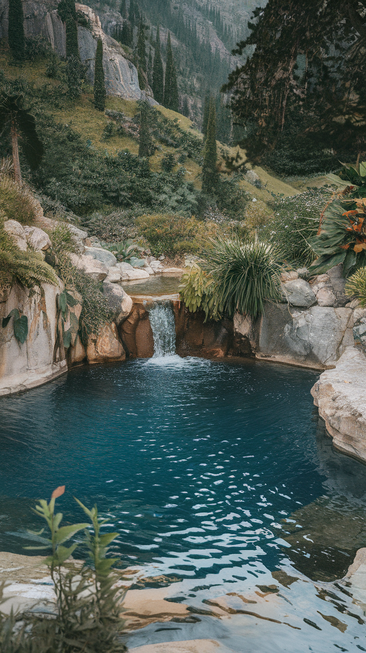 A serene natural swimming pool surrounded by greenery and rocks.