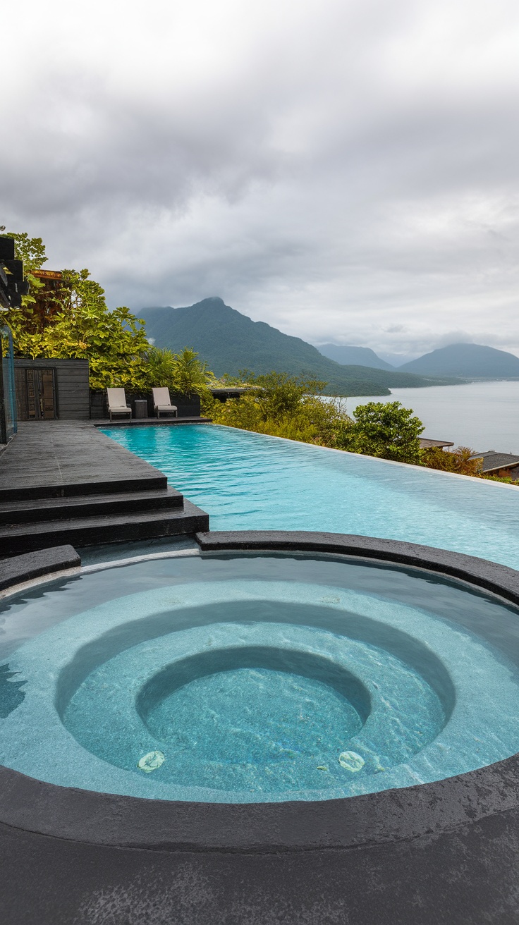 15+ Unique Pool Design Ideas That Will Transform Your Backyard 25 A beautiful infinity pool overlooking mountains with a hot tub in the foreground.