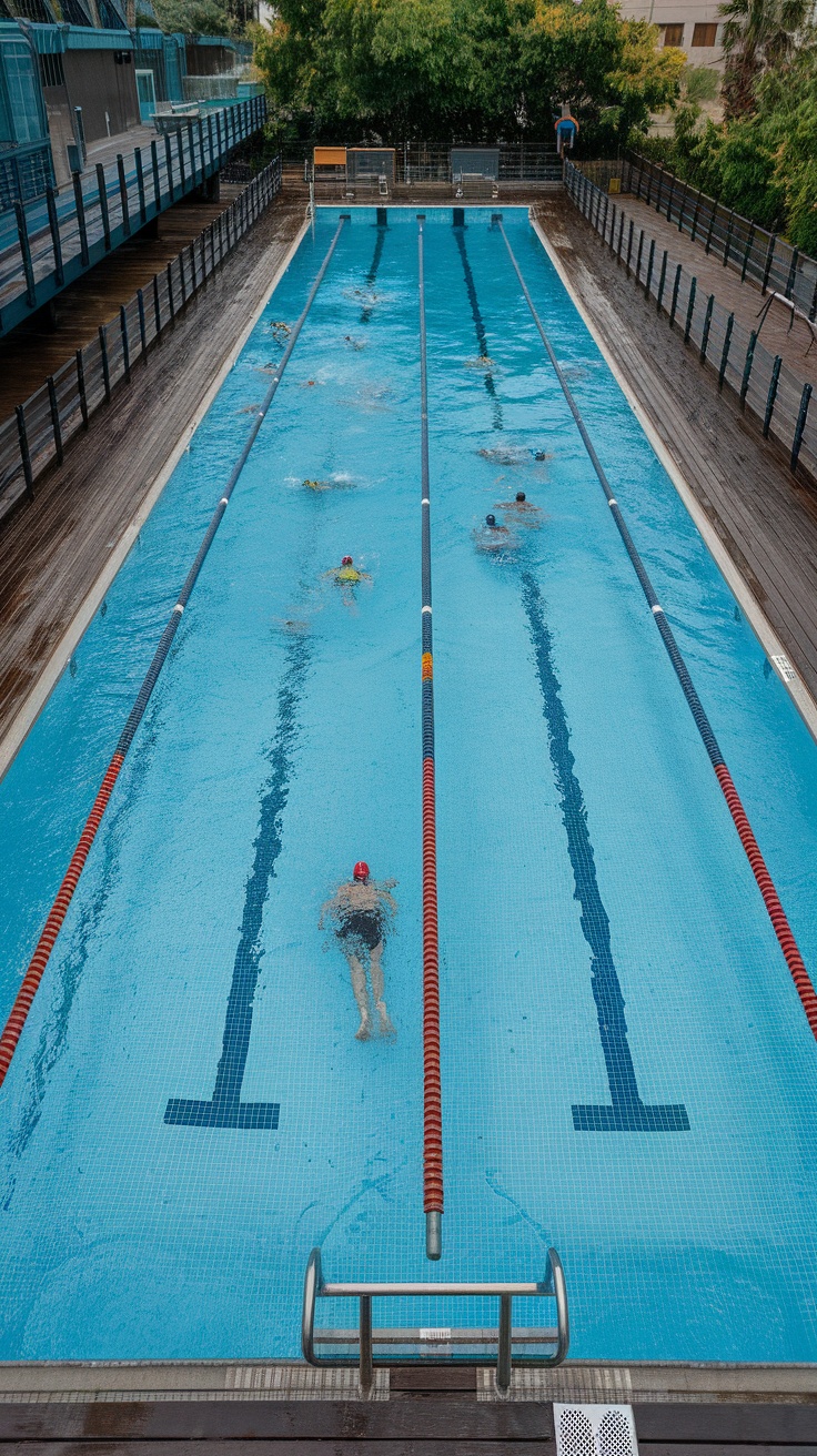 15+ Unique Pool Design Ideas That Will Transform Your Backyard 16 Aerial view of a lap pool with swimmers in different lanes.