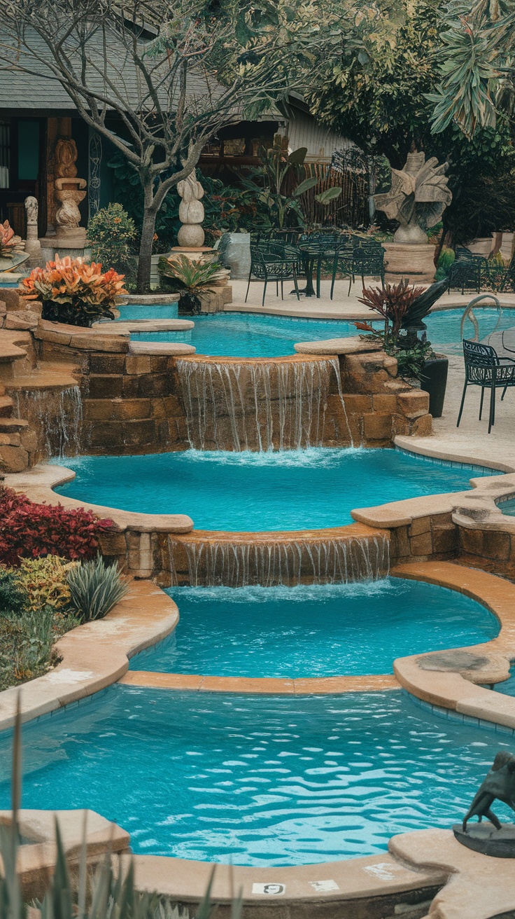 15+ Unique Pool Design Ideas That Will Transform Your Backyard 30 A multi-level pool with waterfalls and surrounding greenery.