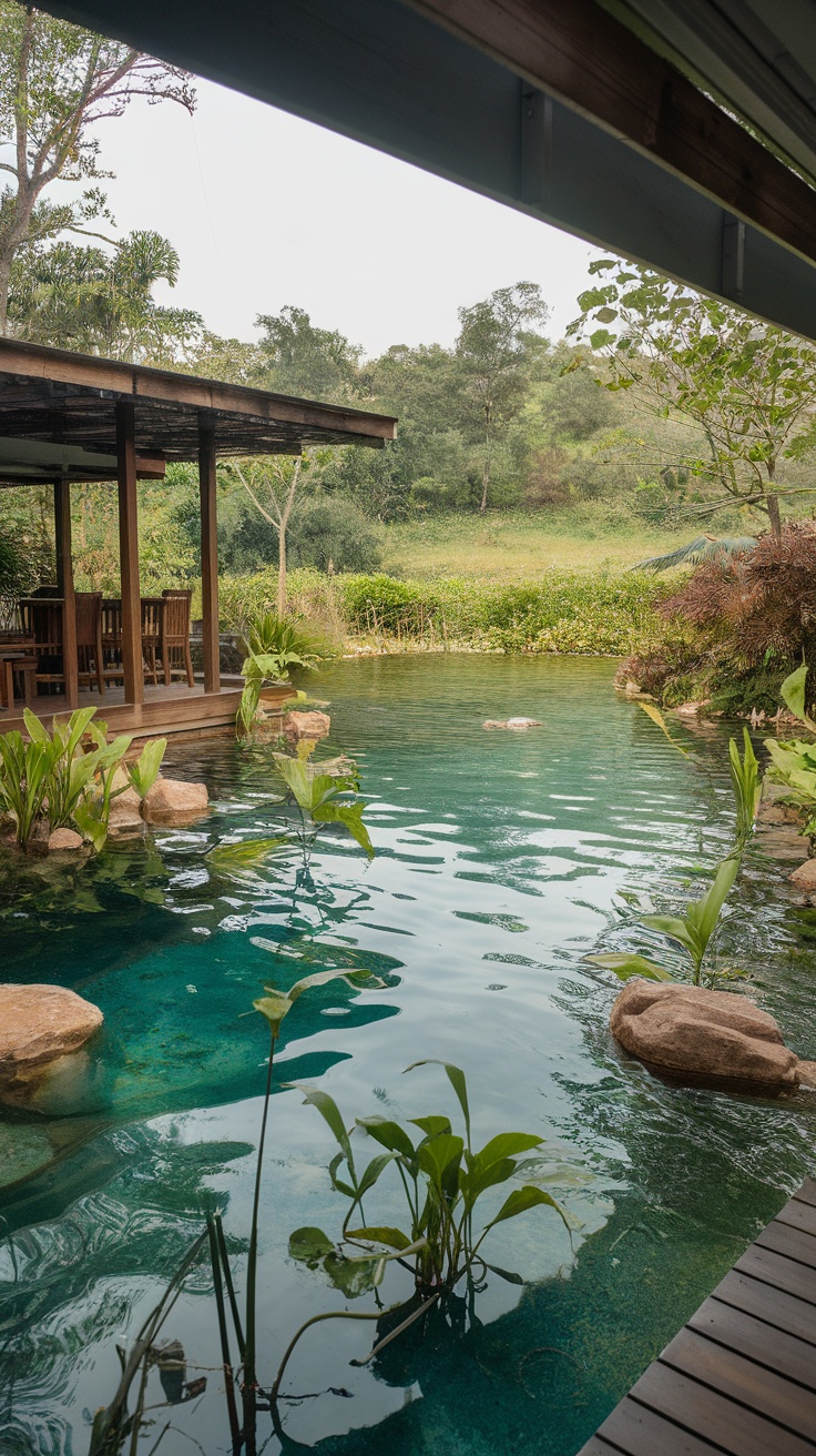 15+ Unique Pool Design Ideas That Will Transform Your Backyard 18 A natural swimming pool surrounded by aquatic plants and rocks, with a view of a lush green landscape.