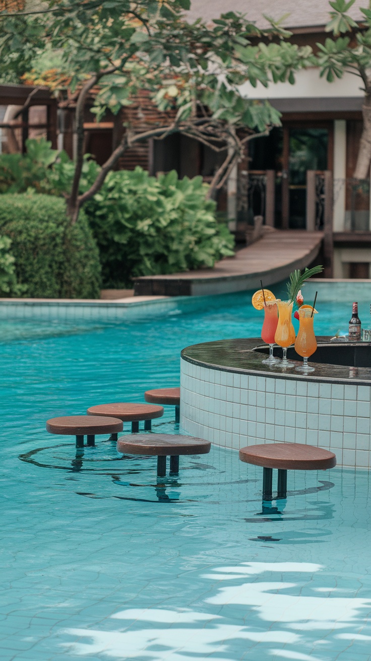 15+ Unique Pool Design Ideas That Will Transform Your Backyard 28 A swim-up bar in a pool with colorful cocktails and round stools