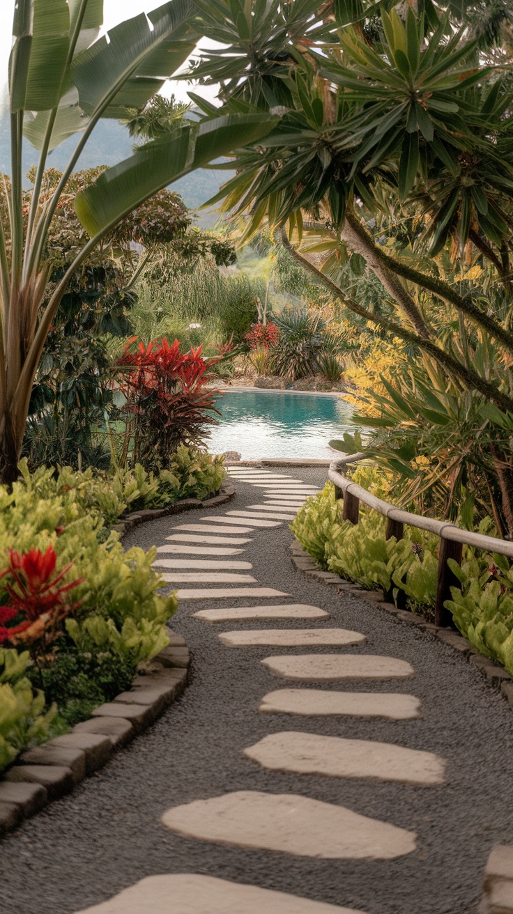 20+ Stunning Tropical Garden Design Ideas for Around Your Pool 19 A winding pathway made of stepping stones surrounded by tropical plants and flowers, leading to a pool.