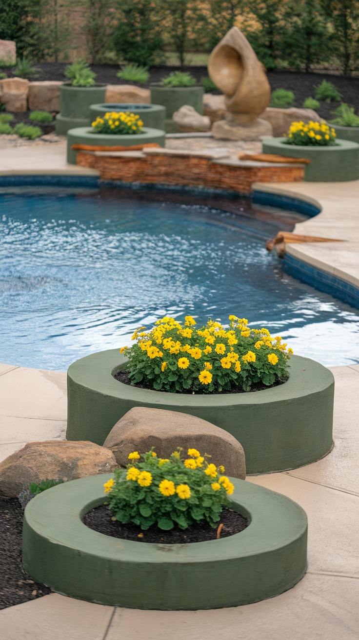 25 Stunning Inground Pool Landscaping Ideas for a Dreamy Backyard 32 Colorful flower planters and a sculpture by an inground pool.