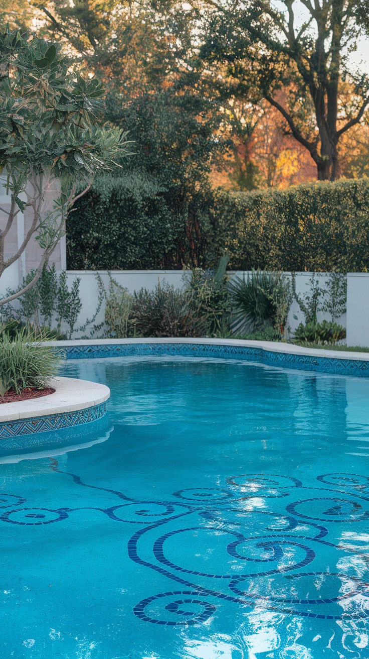 25 Stunning Inground Pool Landscaping Ideas for a Dreamy Backyard 28 Artistic mosaic tile designs around an inground pool with vibrant patterns.