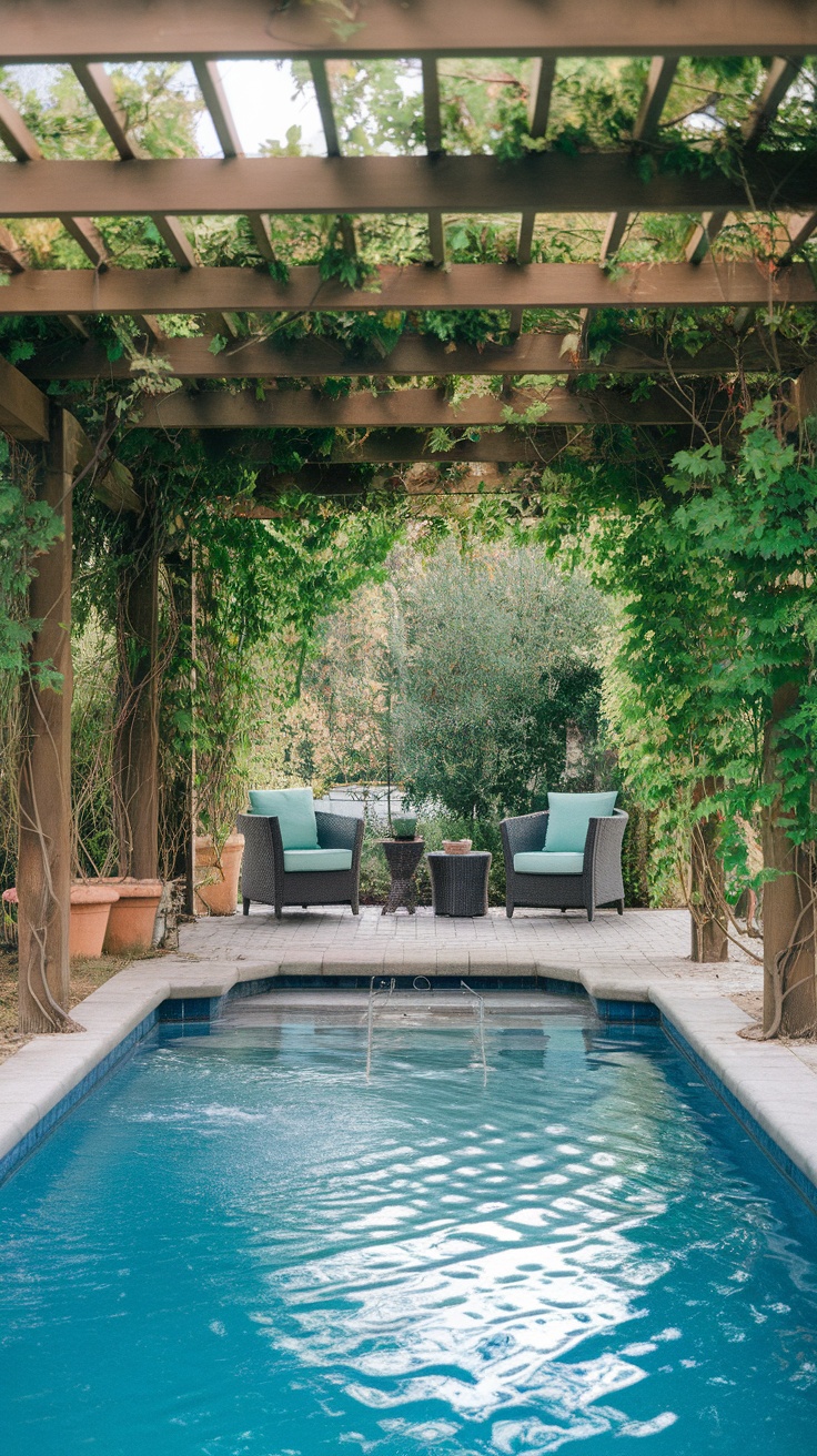 25 Stunning Inground Pool Landscaping Ideas for a Dreamy Backyard 30 A pergola with climbing vines over a seating area by an inground pool.