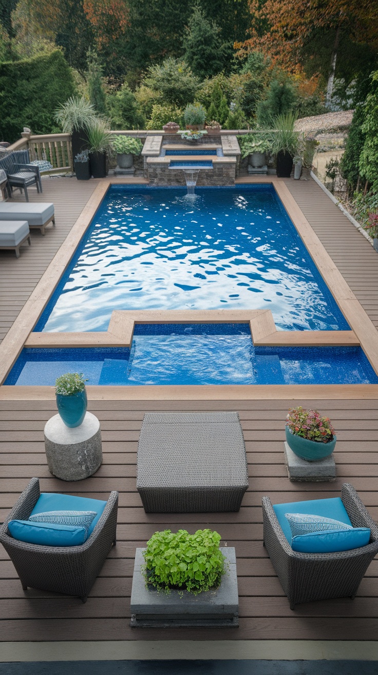25 Stunning Inground Pool Landscaping Ideas for a Dreamy Backyard 13 A beautifully landscaped inground pool area featuring composite wood decking, comfortable seating, and potted plants.