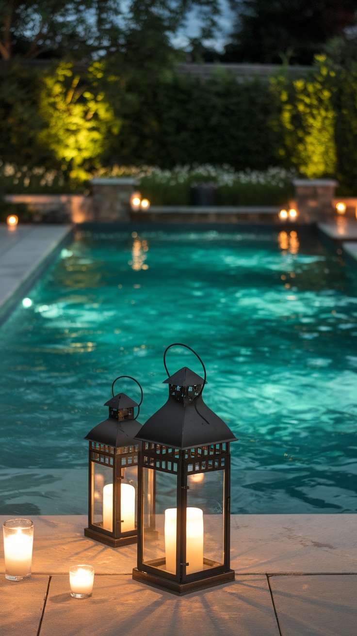 25 Stunning Inground Pool Landscaping Ideas for a Dreamy Backyard 19 Elegant lighting around an inground pool with lanterns and soft glowing candles.