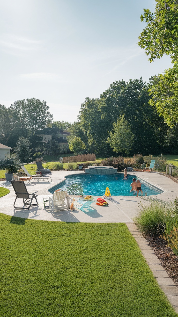 25 Stunning Inground Pool Landscaping Ideas for a Dreamy Backyard 12 A family-friendly pool area with children playing and soft green grass surrounding the pool.