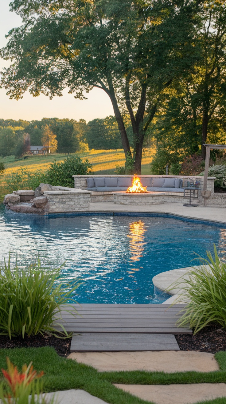 25 Stunning Inground Pool Landscaping Ideas for a Dreamy Backyard 25 A beautiful fire pit area adjacent to a sparkling inground pool surrounded by green landscaping.