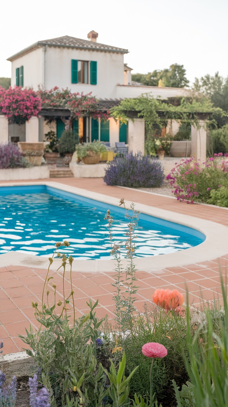 25 Stunning Inground Pool Landscaping Ideas for a Dreamy Backyard 17 Inground pool surrounded by terracotta tiles and colorful flowers in a Mediterranean landscape.