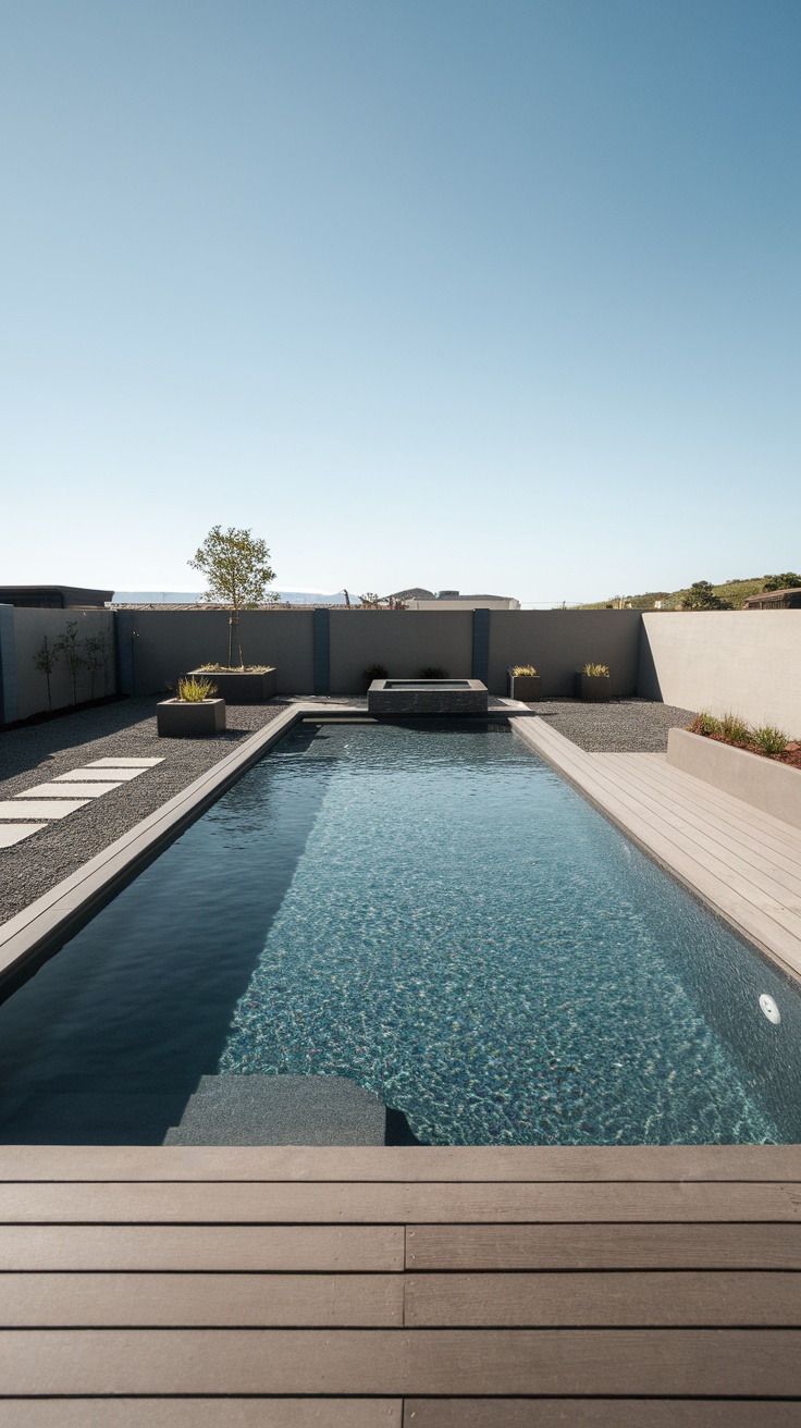 25 Stunning Inground Pool Landscaping Ideas for a Dreamy Backyard 15 An inground pool with clean lines, surrounded by minimalist landscaping and a clear sky.