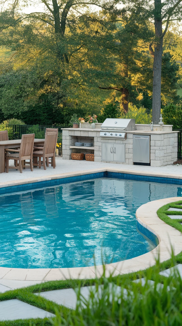 25 Stunning Inground Pool Landscaping Ideas for a Dreamy Backyard 24 An outdoor kitchen area next to a pool, featuring a grill and dining table.