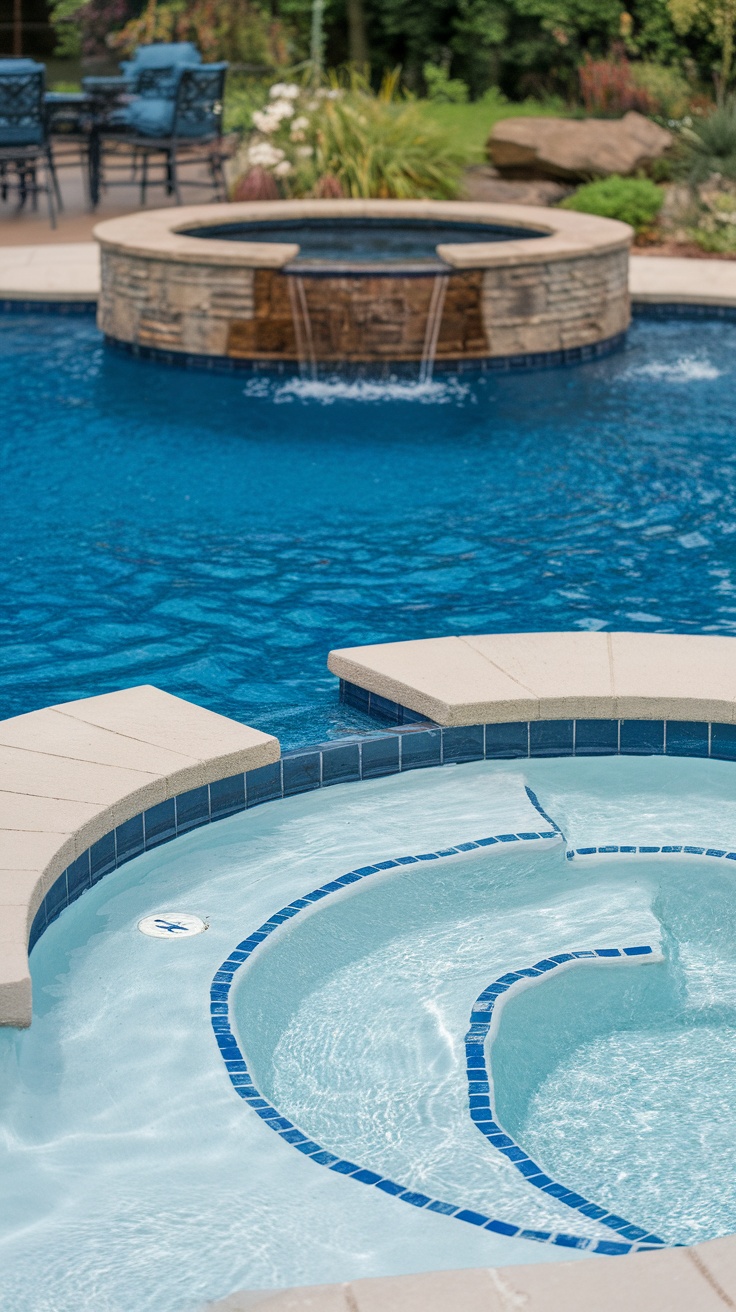 25 Stunning Inground Pool Landscaping Ideas for a Dreamy Backyard 26 An inground pool with playful water features, including fountains and a colorful float.