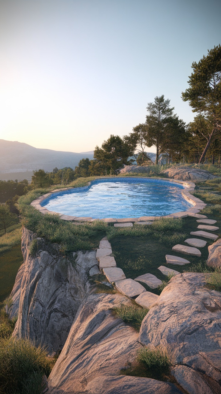 25 Stunning Inground Pool Landscaping Ideas for a Dreamy Backyard 31 A pool on a rocky cliffside surrounded by grass and trees.