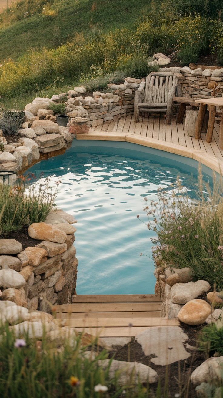 25 Stunning Inground Pool Landscaping Ideas for a Dreamy Backyard 16 Inground pool surrounded by natural stones and wooden elements.