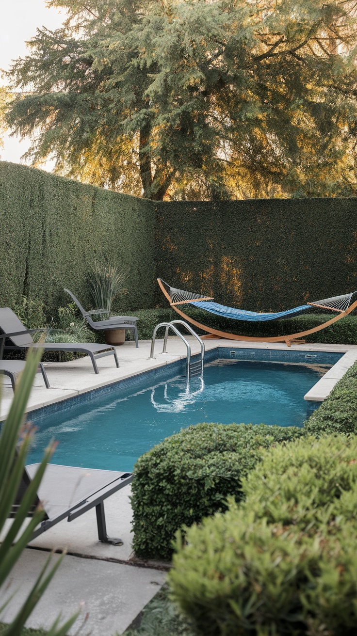 25 Stunning Inground Pool Landscaping Ideas for a Dreamy Backyard 21 A peaceful inground pool surrounded by tall privacy hedges and lounge chairs.