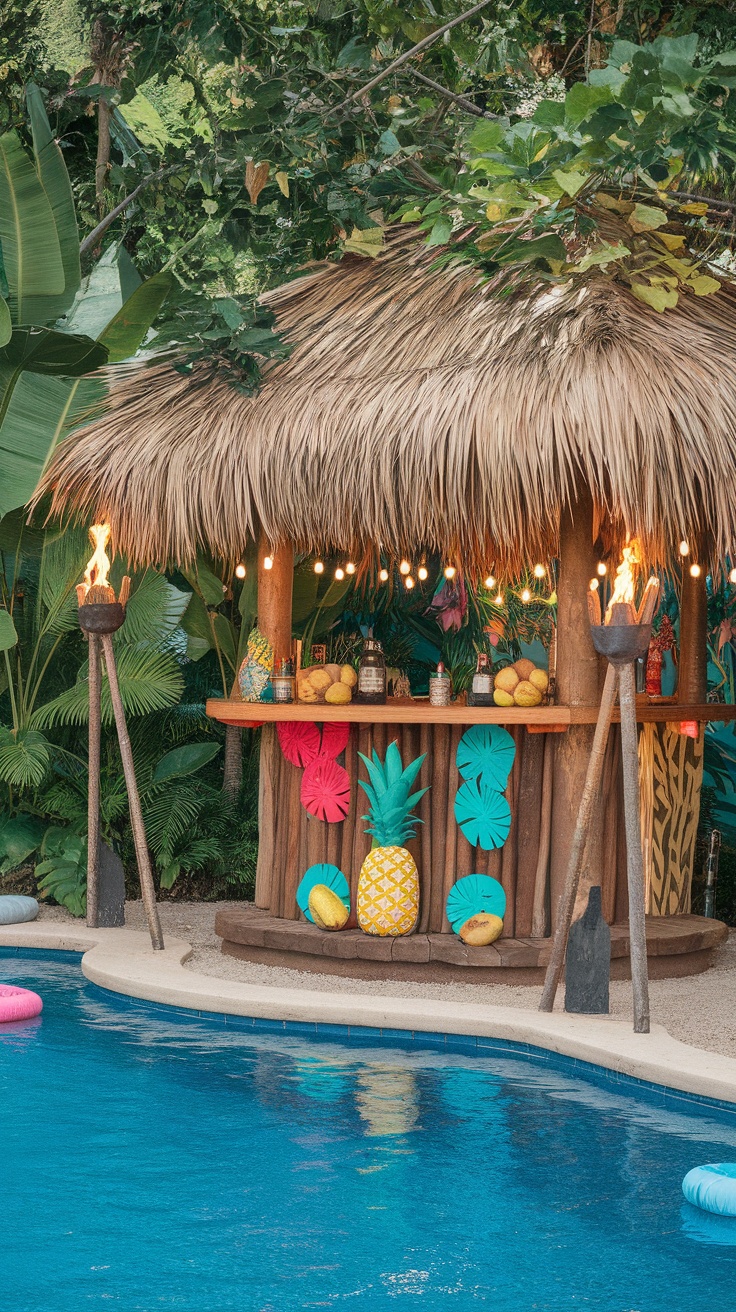 25 Stunning Inground Pool Landscaping Ideas for a Dreamy Backyard 35 Tropical bar with a thatched roof, colorful decorations, and a swimming pool.