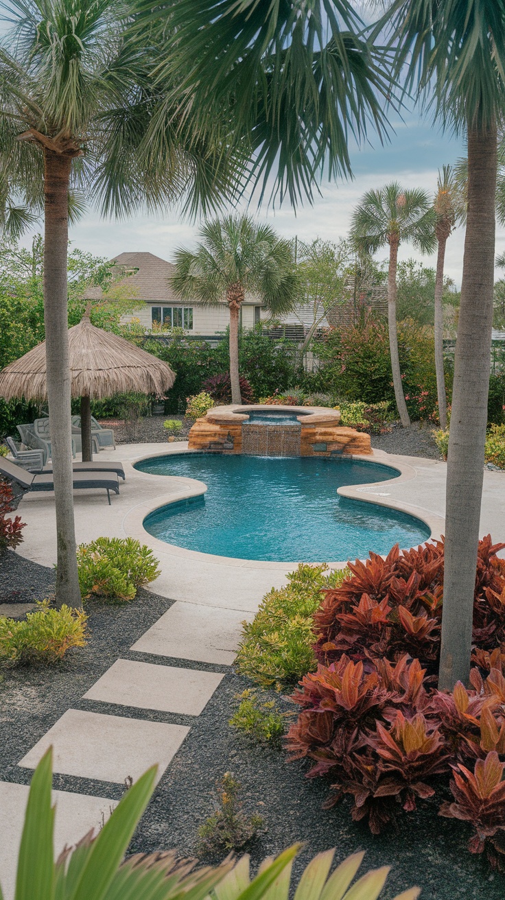 25 Stunning Inground Pool Landscaping Ideas for a Dreamy Backyard 14 Inground pool surrounded by tropical plants and a thatched hut.