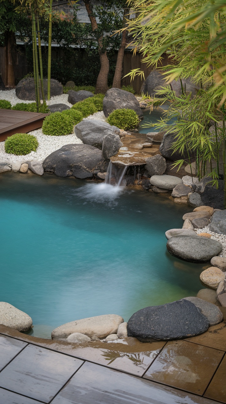 25 Stunning Inground Pool Landscaping Ideas for a Dreamy Backyard 37 A serene Zen garden with water features, bamboo, and rocks near an inground pool.